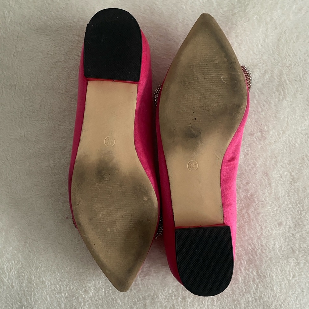 Pink pointed toe ballet flat slip on micro heel shoes rhinestone bow detail - Picture 6 of 13